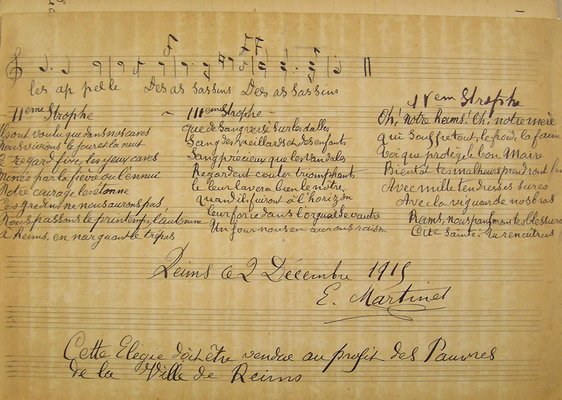 Poème lyrique « Les misères de Reims. Elégie à Marcel Sézanne, musique de E. Martinet », 2 décembre 1915 extrait du carnet d’Alfred Wolff 