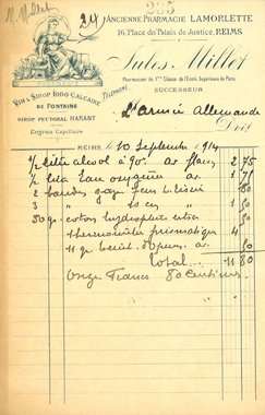 Réquisition allemande auprès de la pharmacie de M. Millet, 10 septembre 1914 