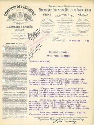 Courrier du Comptoir de l’Industrie se plaignant des difficultés d’approvisionnement des matériaux, 19 février 1919 