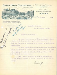 Lettre du propriétaire du Grand hôtel Continental adressée au ministère du Blocus et des Régions libérées demandant un laissez-passer pour rentrer à Reims, 17 octobre 1918