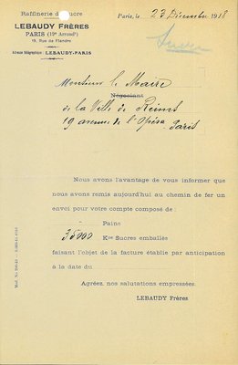 Lettre de la société Lebaudy frères annonçant le départ de 35 000 kilos de sucres emballés par chemin de fer, 23 décembre 1918 
