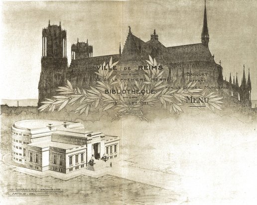 Couverture du menu du banquet organisé pour la pose de la première pierre de la bibliothèque, 19 juillet 1921 
