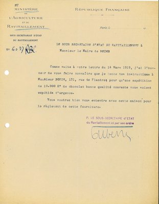 Lettre du sous-secrétaire d’État au ravitaillement informant le maire de l’envoi de 10 000 kilos de chocolat par monsieur Potin, s.d. 