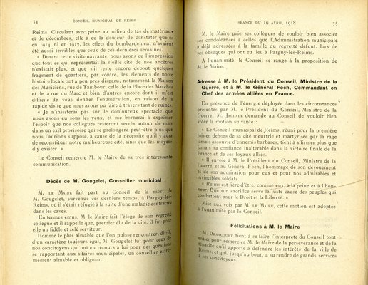 Allocution prononcée en introduction de la séance extraordinaire du 19 avril 1918 expliquant l’installation du conseil municipal 19 rue de l’Opéra. 