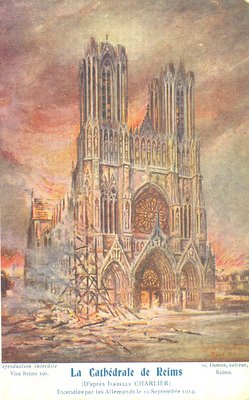 Carte postale, « La Cathédrale de Reims incendiée par les Allemands le 19 septembre 1914 » 