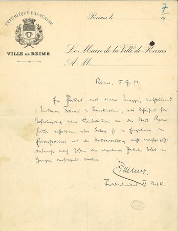 Courrier (et sa traduction) de l’intendant Zimmer du 12e corps saxon de réserve attestant la livraison de la caution d’un million de francs, 5 septembre 1914