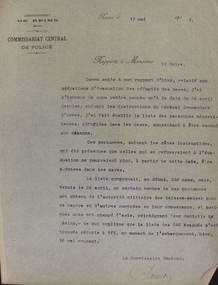 Rapport du commissariat central de police au maire de Reims concernant l’évaluation des personnes nécessiteuses des caves, 17 mai 1915 