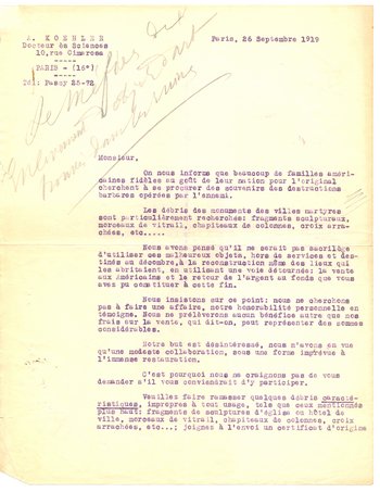 Lettre adressée au maire lui demandant de collecter et authentifier des fragments de la cité afin de les vendre en Amérique, 26 septembre 1919 
