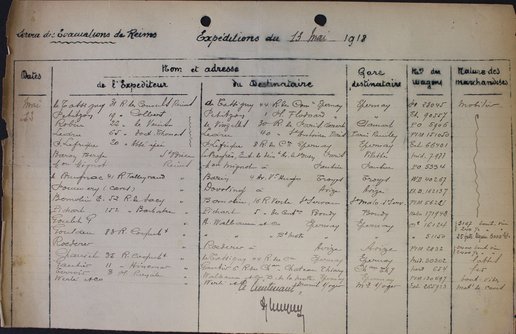 Tableau des expéditions de biens par le service des évacuations de Reims, 13 mai1918