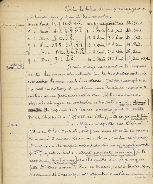 "Mon journal de police", 12e page du carnet d’Alfred Wolff, 4-5 septembre 1914 