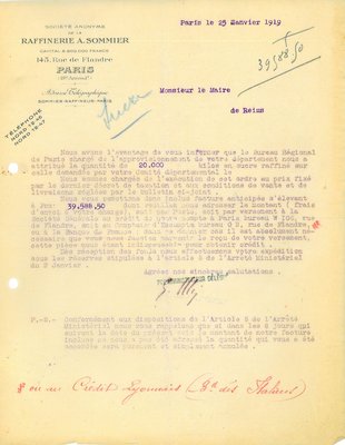 Lettre de la société Potin et Cie de Paris, annonçant au maire l’expédition de 10 000 kilos de chocolat de bonne qualité, 20 mars 1919 