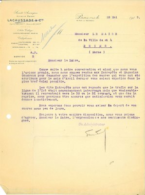 Lettre de la société Lacaussade et Cie annonçant que la livraison de sucre du mois d’avril a été retardée par l’interruption de la ligne Est des chemins de fer, 28 mai 1919 