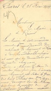 Lettre de V. Fiechabot demandant au maire de lui établir un certificat de logement à Reims, à la suite de la demande faite par la mairie du IVe  arrondissement auprès des réfugiés indésirables, 28 février 1919 