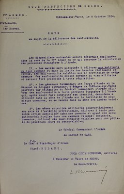 Note concernant la délivrance des sauf-conduits, 8 octobre 1914 