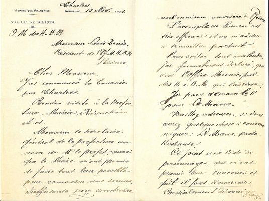 Courrier du Docteur Caz relatif au début de sa tournée de recueil de fonds pour l’Office municipal des habitations à bon marché, 10 novembre 1921 