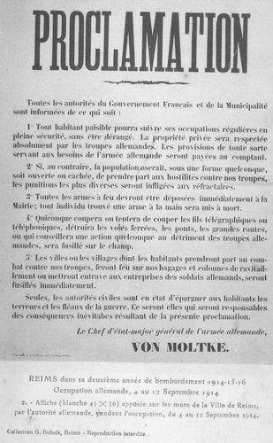 Reproduction de la proclamation des autorités allemandes appelant la population à ne pas se défendre et condamnant les faits d’armes, 4-12 septembre 1914 