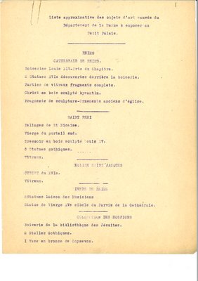 Liste approximative des objets d’art sauvés du département de la Marne à exposer au Petit palais