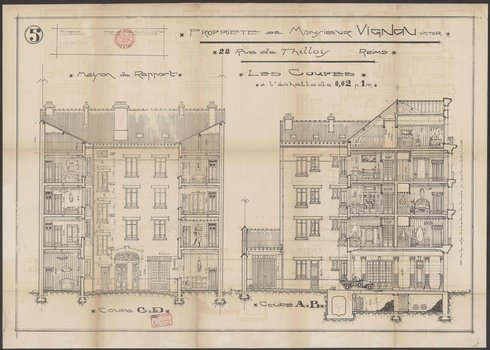 Plans coupe, façade et détail du 22 rue de Thillois, Émile Fanjat, 1923 