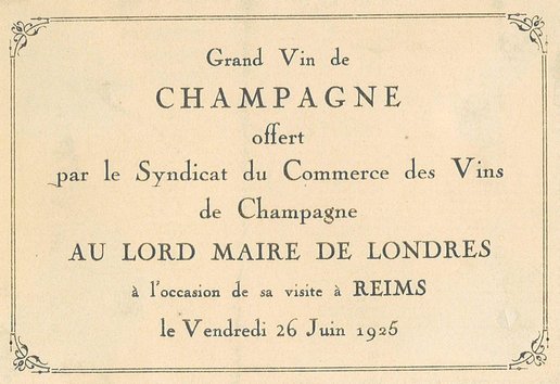Étiquette de champagne éditée à l’occasion de la visite à Reims du maire de Londres, 26 juin 1925