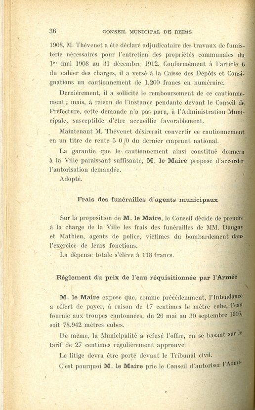 Délibération du 2 avril 1917 sur les frais de funérailles de Messieurs Daugny et Mathieu, agents de police victimes des bombardements dans l'exercice de leurs fonctions 