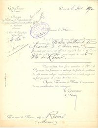 Courrier du Crédit Foncier informant le maire de Reims du versement de la somme d’un emprunt, 5 août 1920 