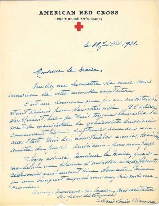 Courrier de remerciement d’une bénévole de la Croix Rouge américaine relatif à l’invitation à la pose de la première pierre de la bibliothèque, 18 juillet 1921 