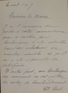 Lettre de Mme Meiss au maire de Reims concernant le manque d’ouvriers boulangers pour maintenir sa boutique ouverte, 6 avril 1917
