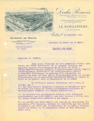 Lettre du groupement des Docks rémois - le Familistère remerciant le maire pour l’organisation d’un consortium pour approvisionner les magasins d’alimentation à succursales rémois pour le ravitaillement de la population, 18 novembre 1918 