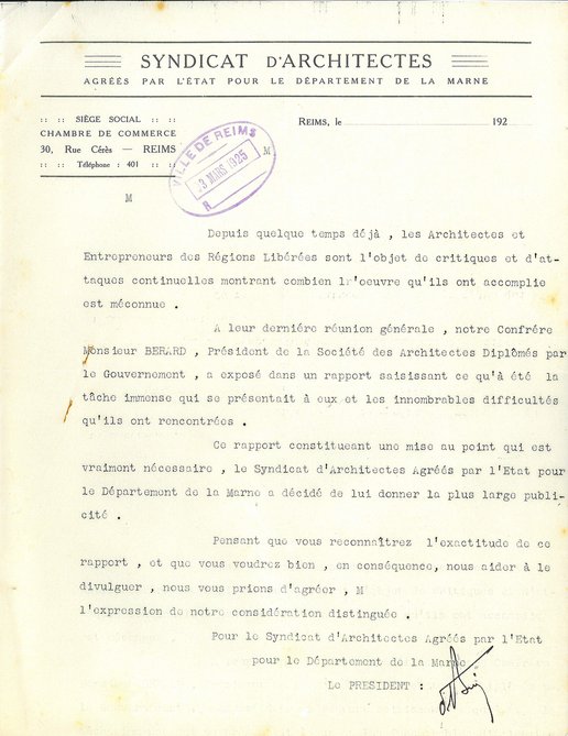 Courrier du syndicat d’architectes agréées par l’État pour le département de la Marne annonçant un rapport à la suite de critiques envers les architectes, 3 mars 1925 