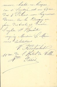 Lettre de V. Fiechabot demandant au maire de lui établir un certificat de logement à Reims, à la suite de la demande faite par la mairie du IVe  arrondissement auprès des réfugiés indésirables, 28 février 1919 