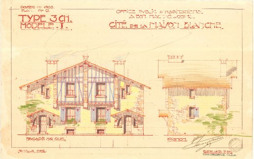 Façades sur rue, jardin, coupe et pignon des maisons type 3 chambres modèle 1 de la cité-jardin de la Maison Blanche, Herbé et Deffaux, 21 juillet 1924 
