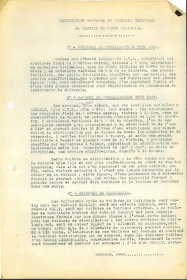 Lettre du ministre de l’Intérieur aux préfets proposant de mettre à leur disposition du matériel médical, accompagnée d’une description sommaire du matériel technique du service de santé militaire, 8 février 1919 
