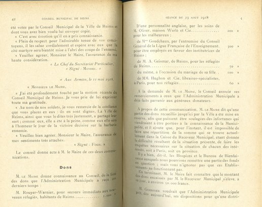 2e séance du conseil municipal à Paris : lecture des remerciements de Monsieur Clemenceau, Président du Conseil, ministre de la Guerre, et de Monsieur le Maréchal Foch.