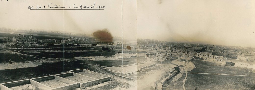 Vue d’ensemble du début du chantier de la cité-jardin des Trois Fontaines, 15 avril 1924