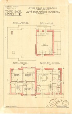 Plan des maisons type 3 chambres modèle 1 de la cité-jardin de la Maison Blanche, Herbé et Deffaux, 21 juillet 1924