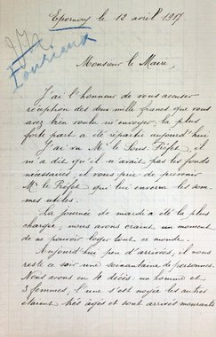 Lettre de M. Fouriaux au maire de Reims concernant la réception d’une allocation pour l’assistance aux réfugiés rémois à Epernay, 12 avril 1917 