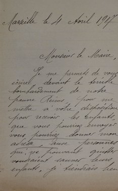 Lettre de Mme Shielmann de Marseille proposant d’accueillir des enfants chez elle, 4 avril 1917 