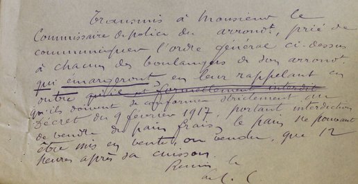 Note transmettant la règlementation concernant les boulangers, 1917