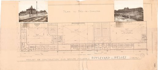 « Projet de construction d’un groupe scolaire boulevard des Belges » par l’architecte municipal Pierre Perotin, plan du rez-de-chaussée et deux vues de l’école construite, 1924 