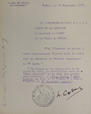 Interdiction de circuler dans la zone réservée entre 20 heures et 5 heures à compter du 20 septembre 1915, 18 septembre 1915 