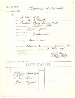 Rapport d’incendie : feu de comble dans la brasserie Veith, 4 mai 1917 