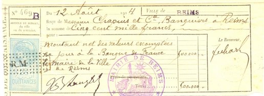 Reçus bancaires des 10 et 12 août 1914 attestant le paiement de 2 fois 500 000 francs à monsieur le maire de Reims 