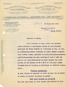 Lettre de G. Lefebvre, acheteur-exportateur de produits provenant des États fédérés de l’Amérique du Sud proposant ses services au maire de Reims pour l’approvisionnement en produits industriels et alimentaires, 25 septembre 1919 