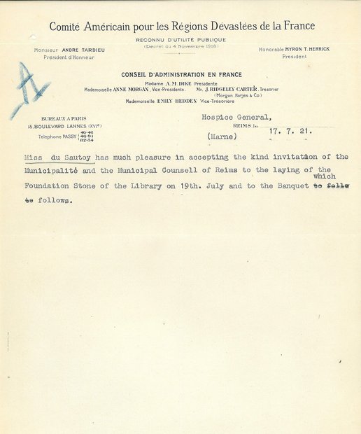 Courrier du Comité américain pour les régions dévastées de France (CARD) relatif à la pose de la première pierre de la bibliothèque, 17 juillet 1921 