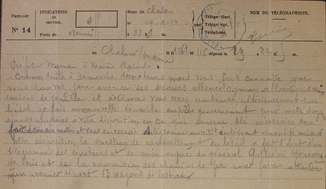 Télégramme du préfet de la Marne au maire de Reims concernant l’assistance aux familles, 19 septembre 1914 