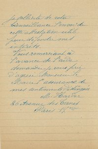 Lettre de monsieur Harder demandant au maire une attestation prouvant que ses maisons rues Chanzy et de Mars ont été détruites et qu’il est donc sans logement et sans ressource, 9 octobre 1919 