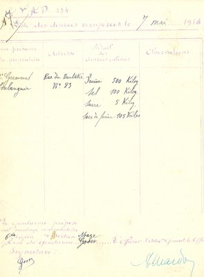 Listes des denrées récupérées les 4 et 7 mai 1918 au 51 et 83 rue du Barbâtre 