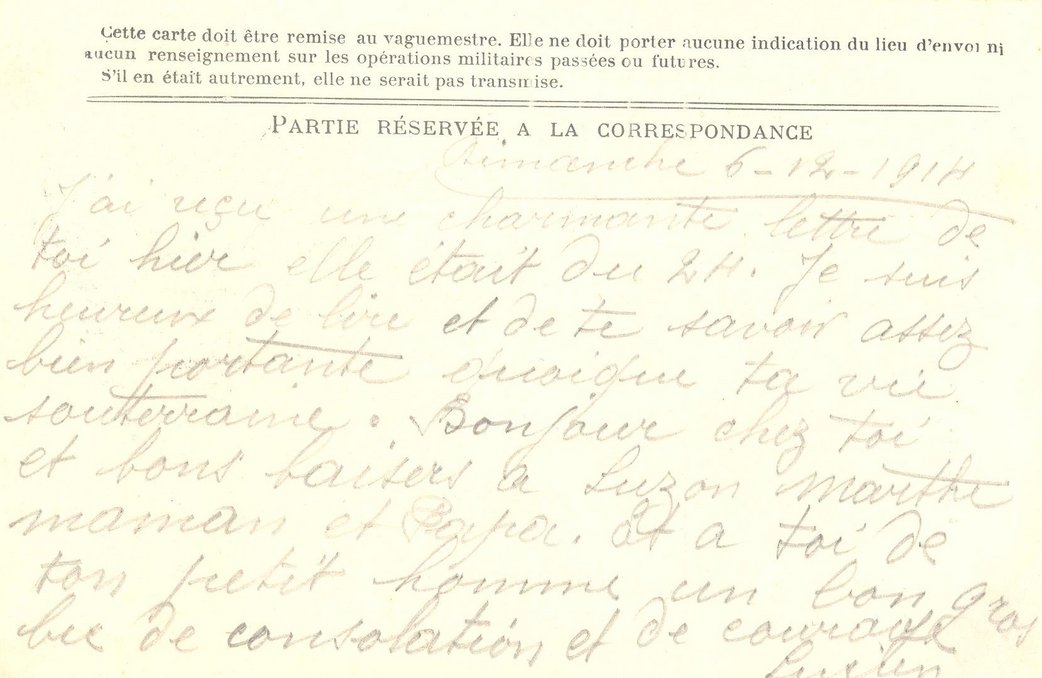 Carte postale de Lucien Pinet envoyée à sa femme, 6 décembre 1914 