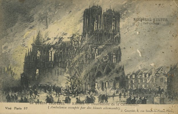 Carte postale, « La guerre 1914-1915. Reims. Destruction de la cathédrale (ambulance occupée par les blessées allemands) » 