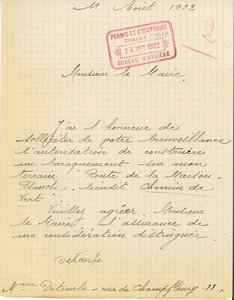Courrier de Léon Detourbe adressé au maire demandant l’autorisation de construire un baraquement sur son terrain, route de la Maison-Blanche, lieu-dit Chemin vert, 11 août 1922